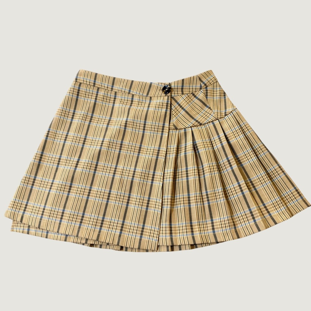 Hesperus Plaid Pleated Mini Skirt Size M Schoolgirl Academic Yellow Brown Wrap